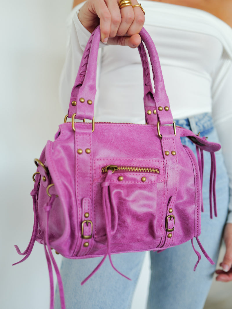 Pink matte leather buckles bag