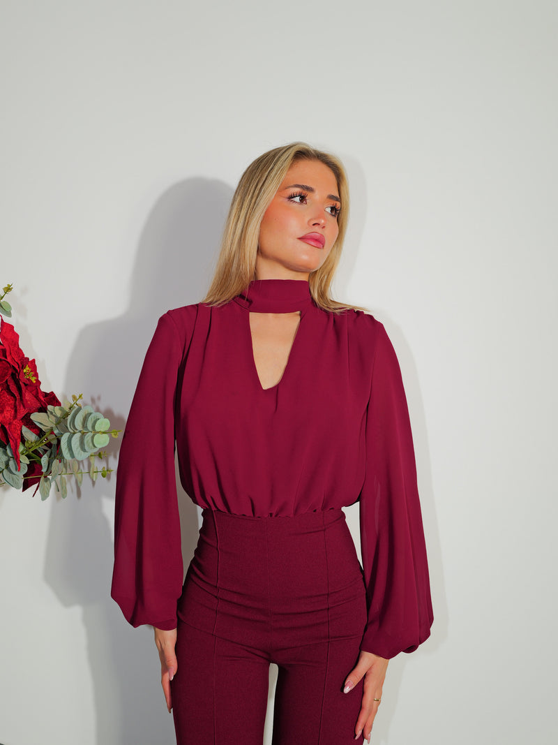 Burgundy tulle tie sleeves jumpsuit