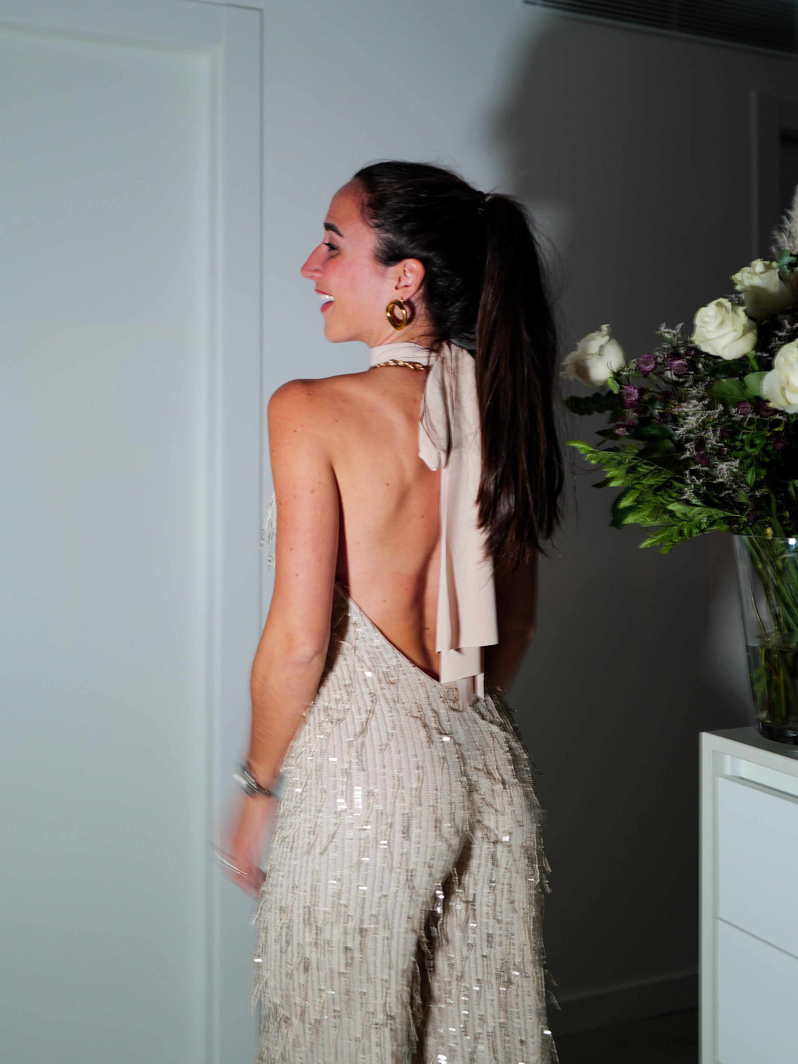 Jumpsuit halter strass bangs beige