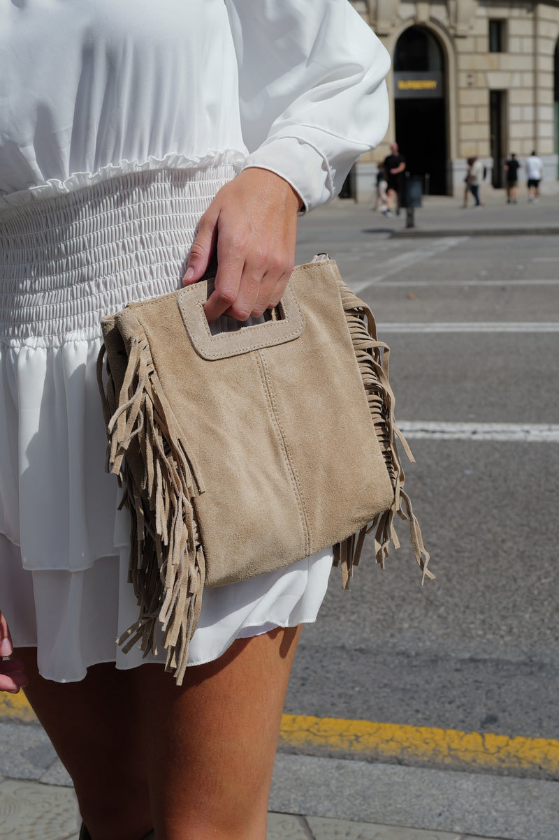 Beige fringed leather bag