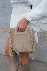 Beige fringed leather bag