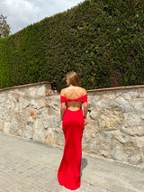 Red back bardot dress