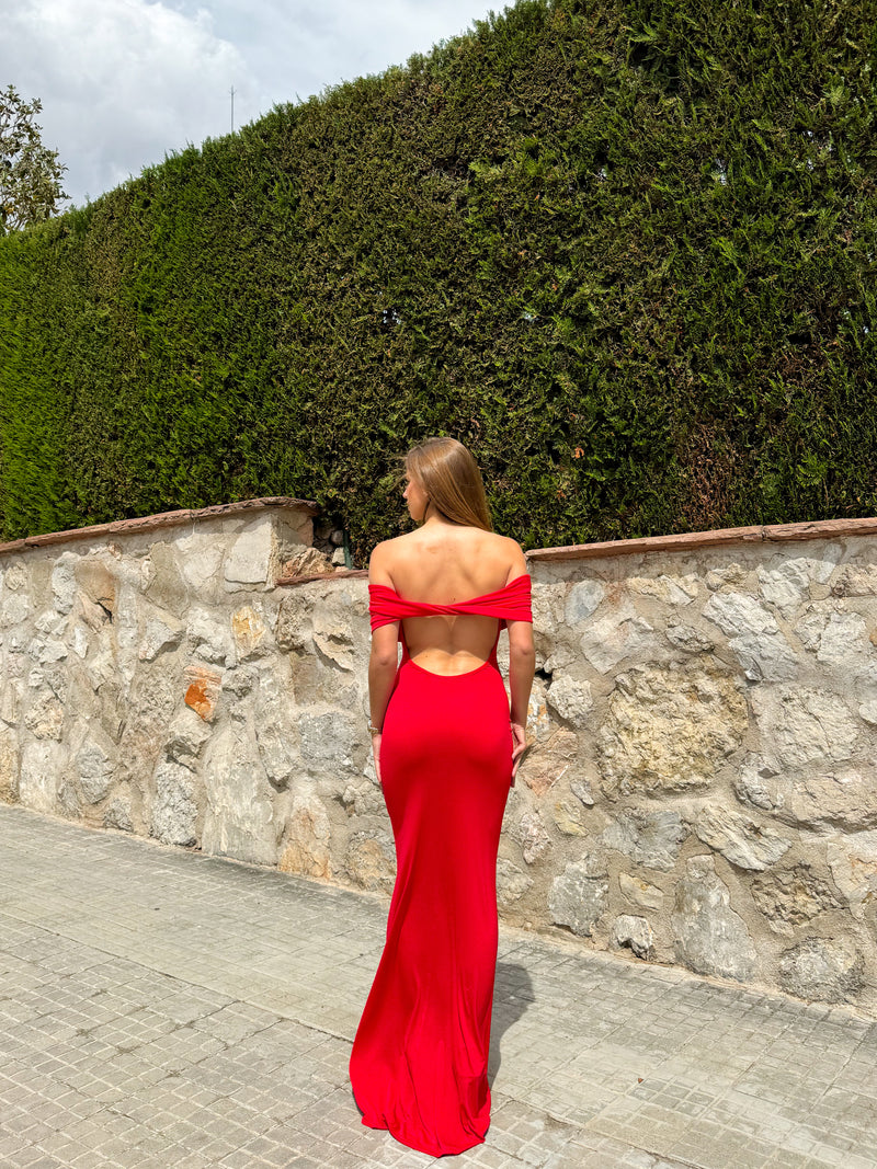 Red back bardot dress