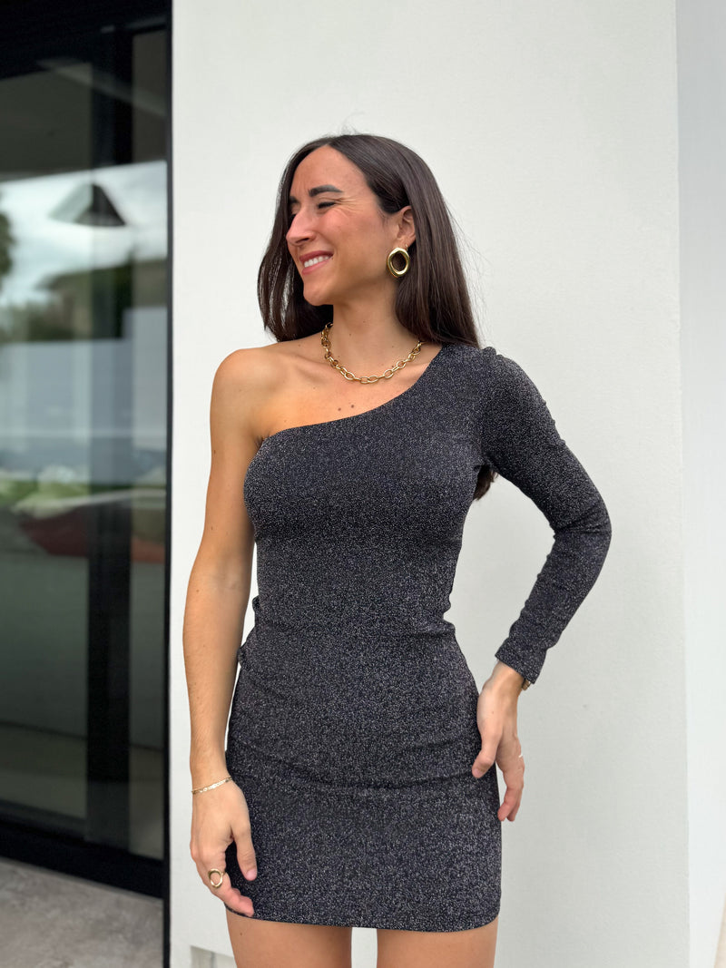 Asymmetrical silver mini lurex dress