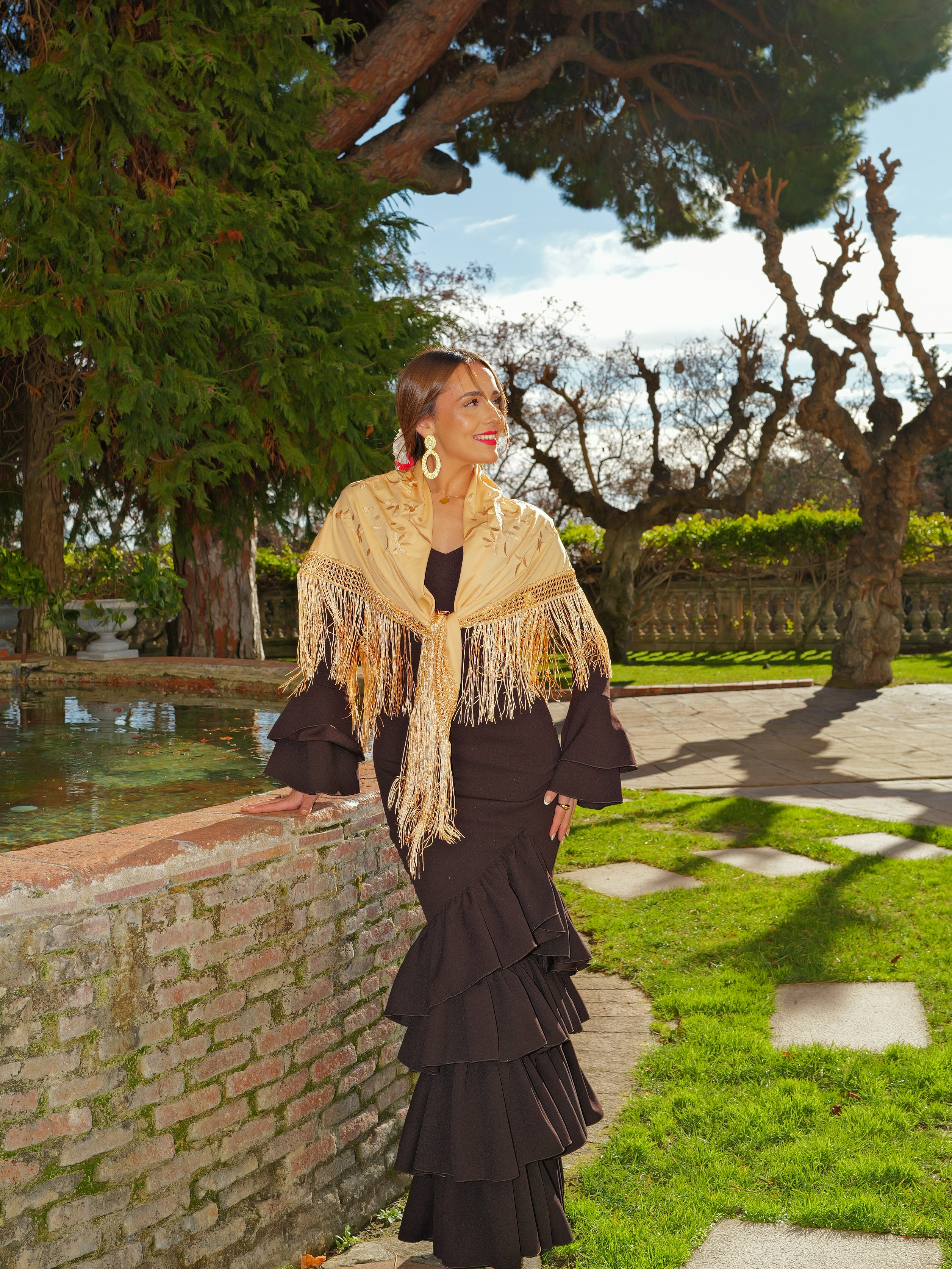 Asymmetrical brown ruffled flamenco dress