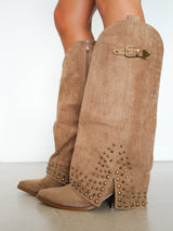 Taupe suede studded heeled ankle boot