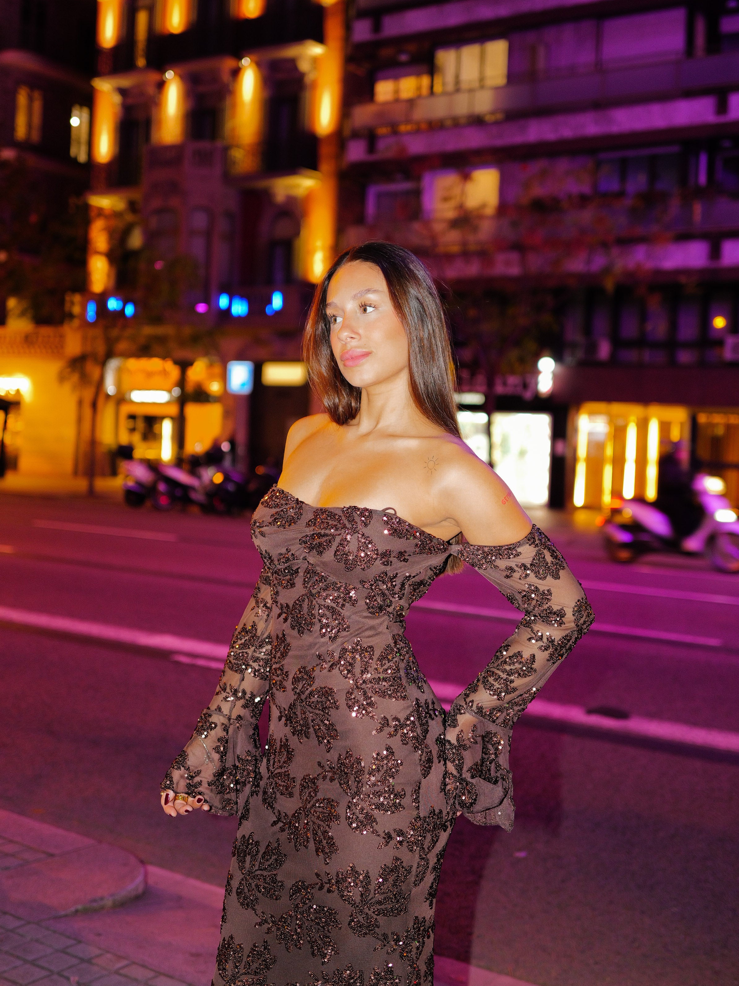 Heart sleeve dress with chocolate tulle details