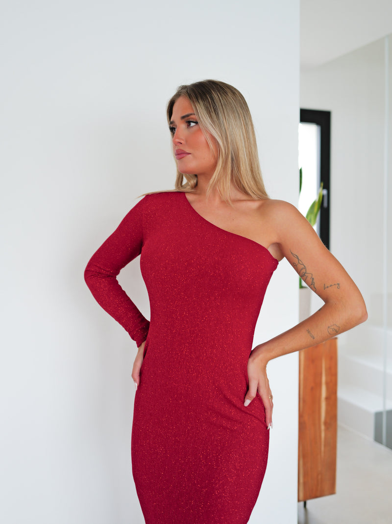 Long asymmetric red lurex dress