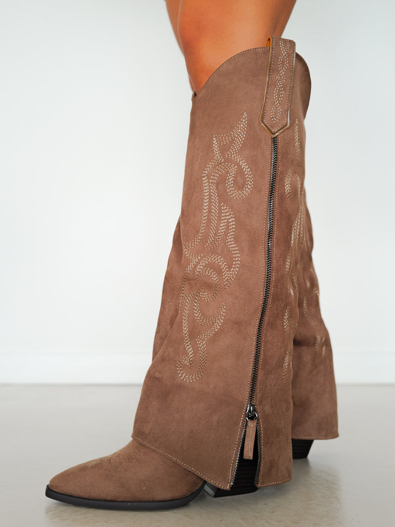 Brown embroidered suede flap boot