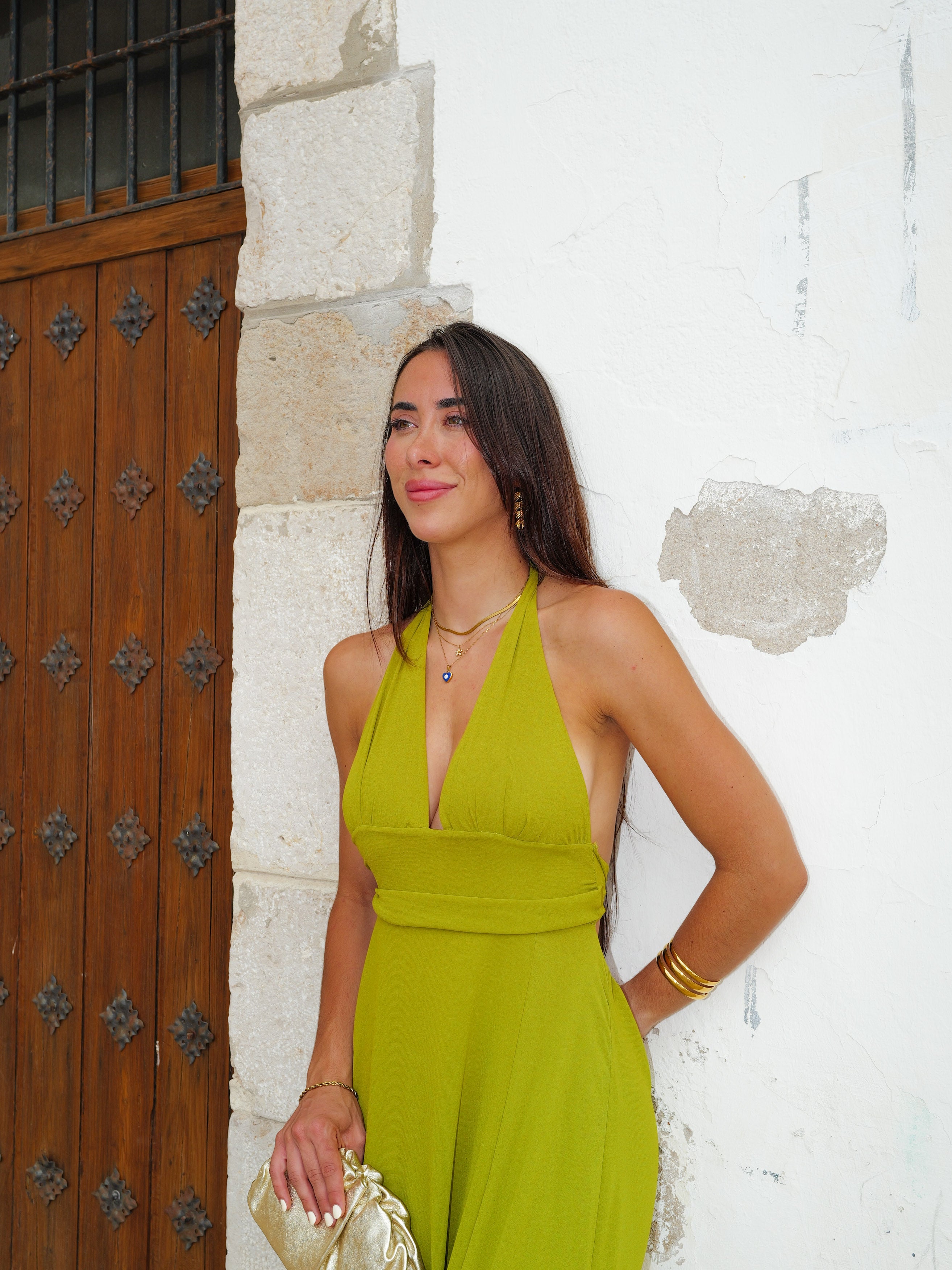 Olive long gauze dress with V-neckline