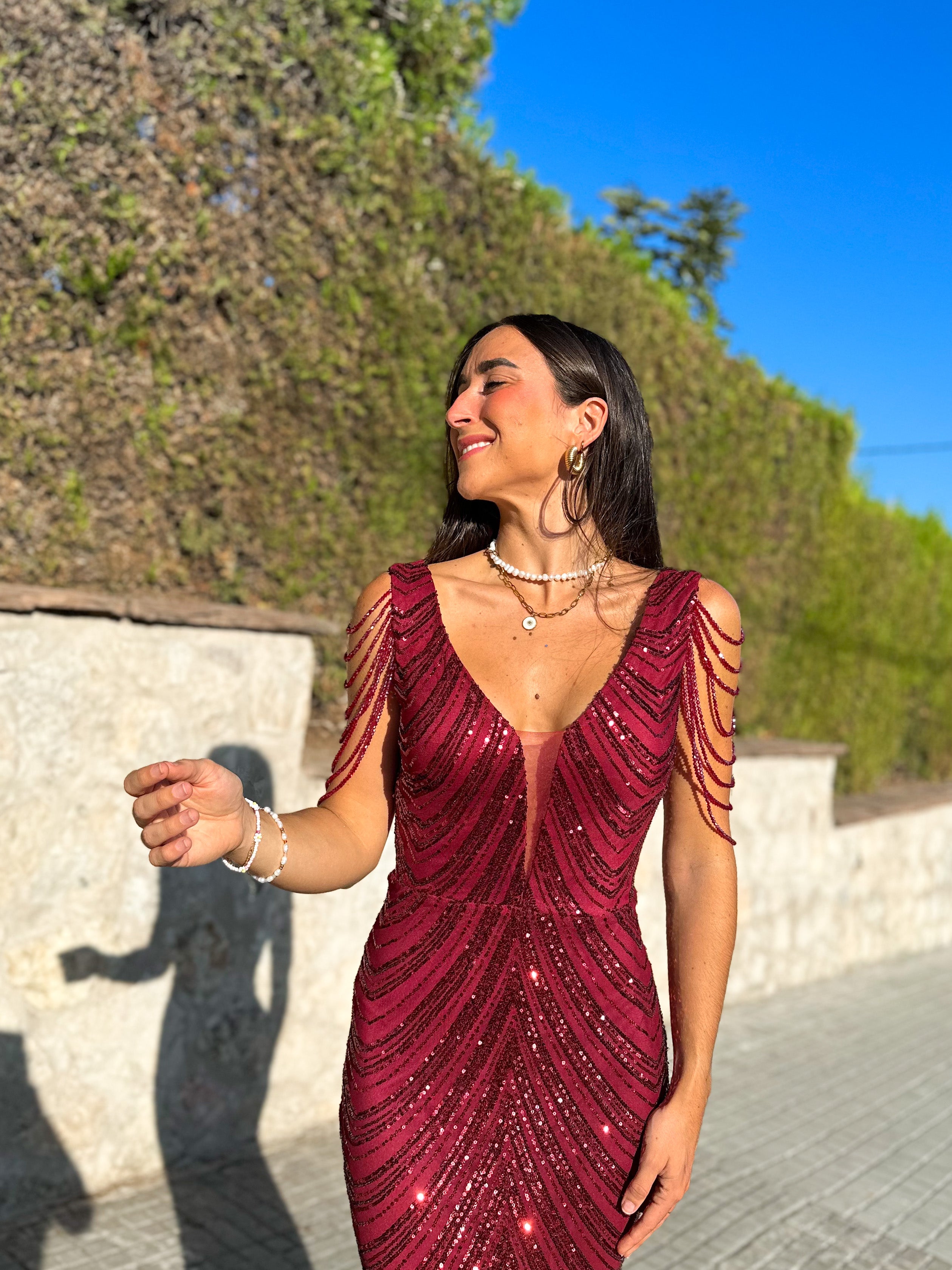 Wine mermaid pearl neckline dress