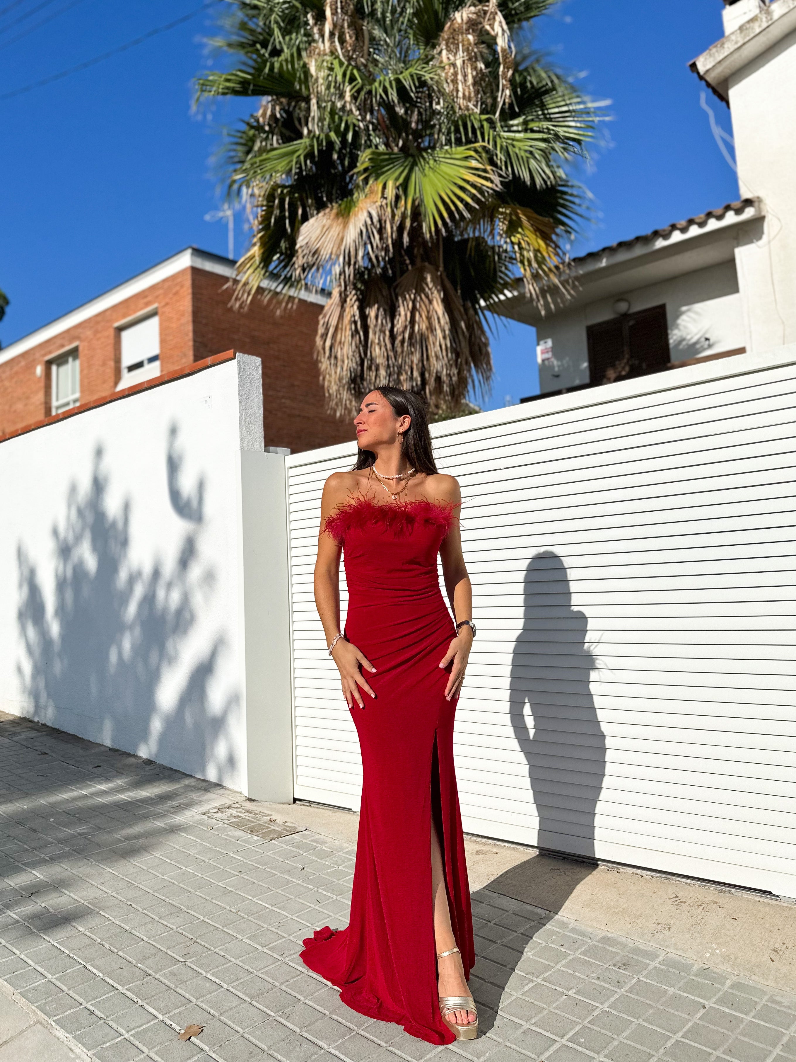 Burgundy feather word dress