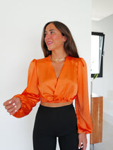 Orange satin cross over blouse