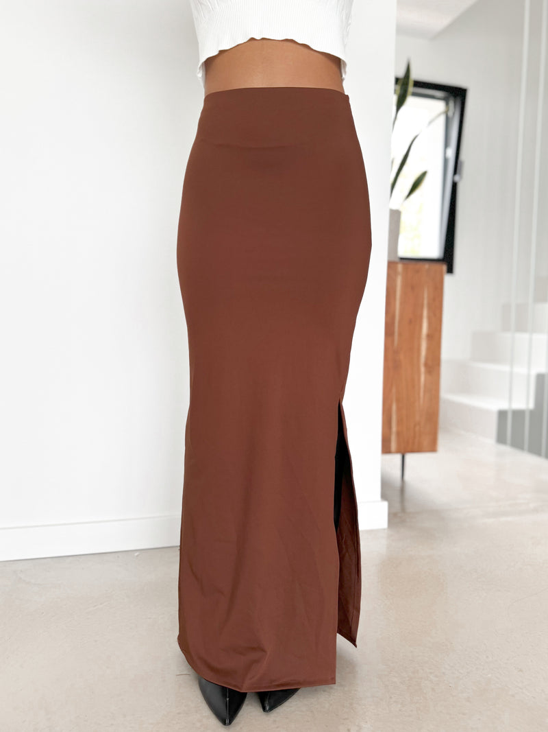 Long brown gathered skirt