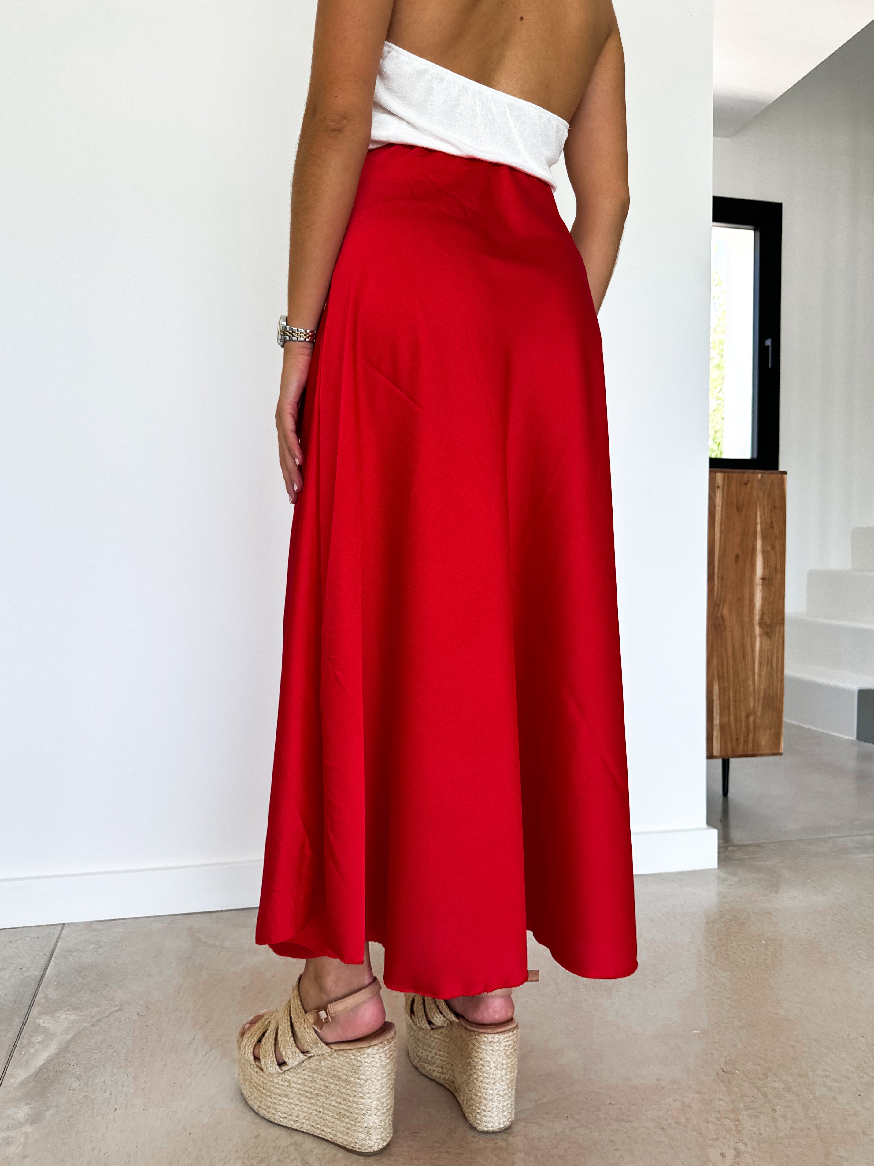 Red satin midi skirt