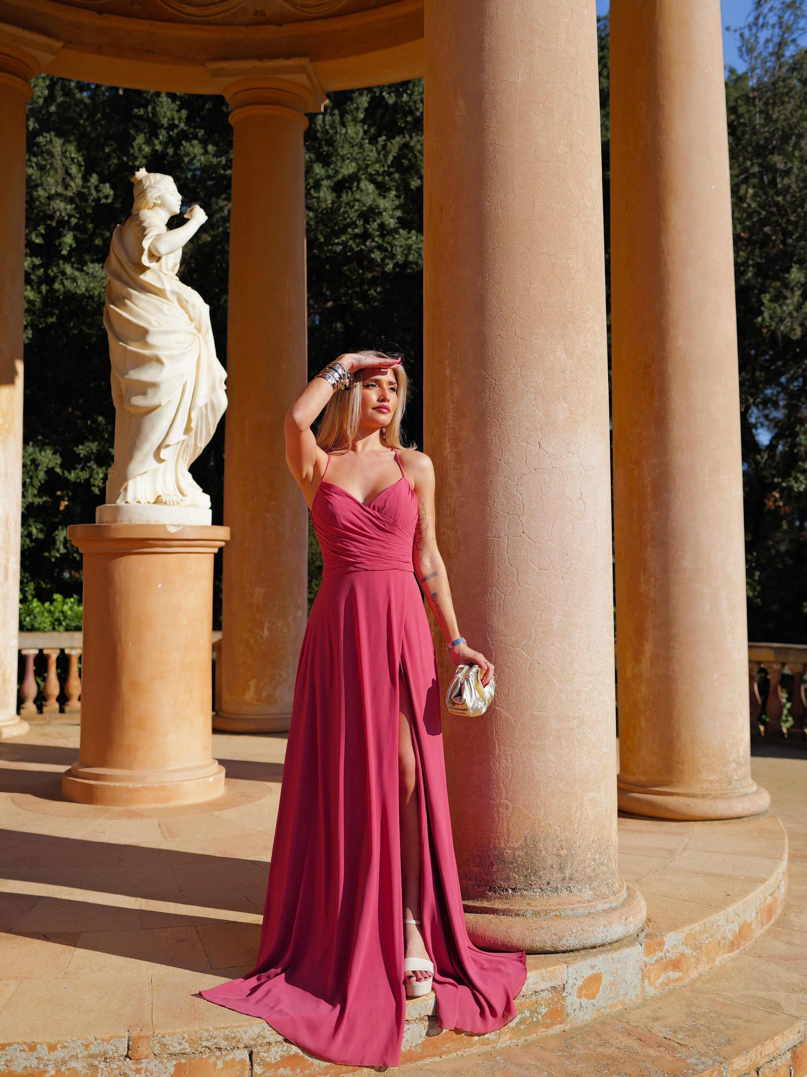 Coral ruffled halter peak dress