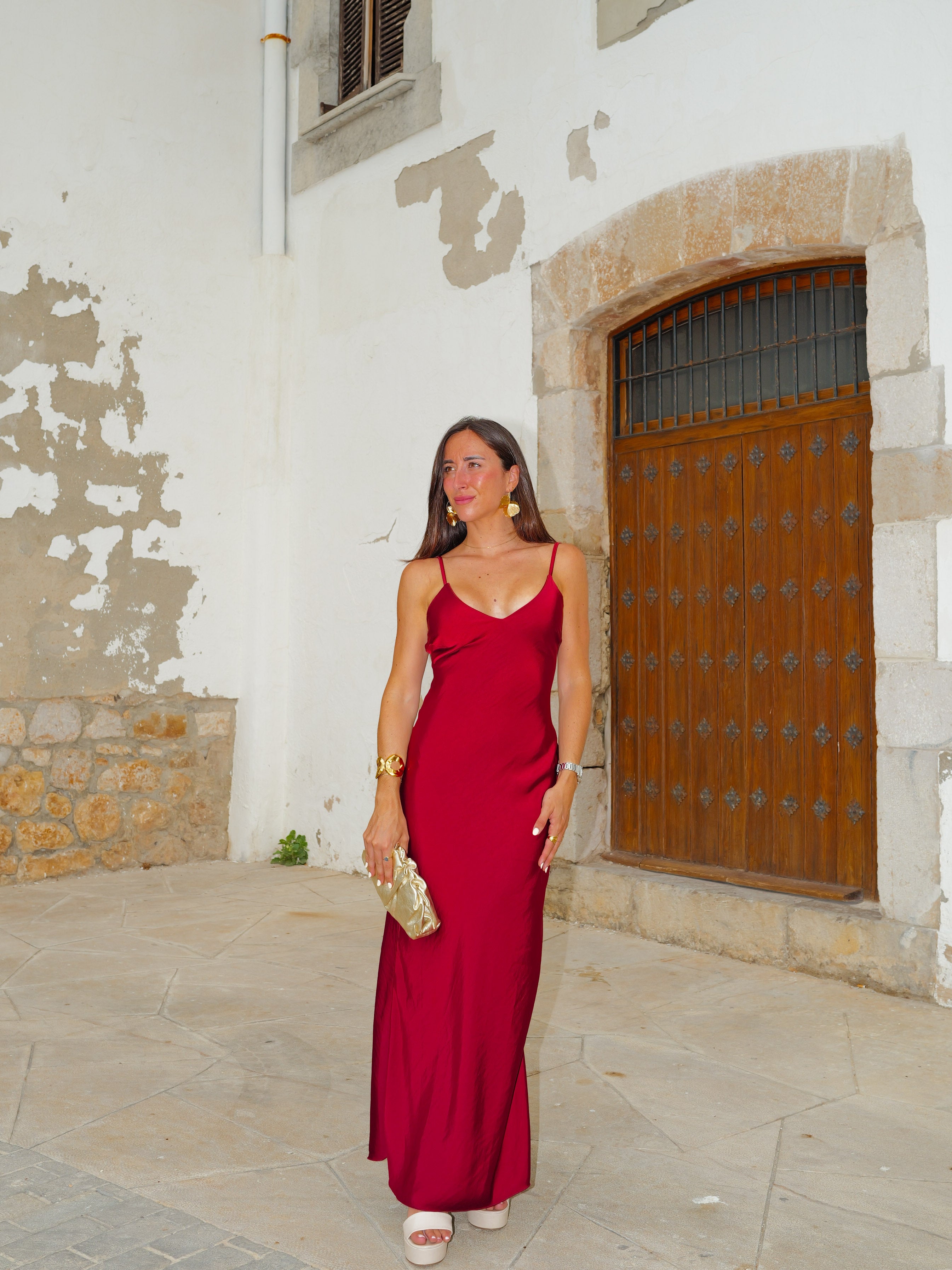 Burgundy satin dress with burgundy straps