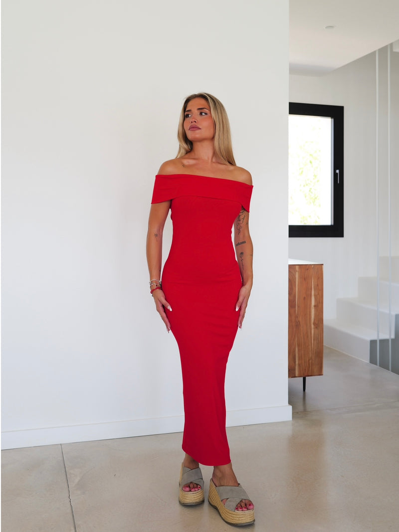 Red ribbed bardot dress