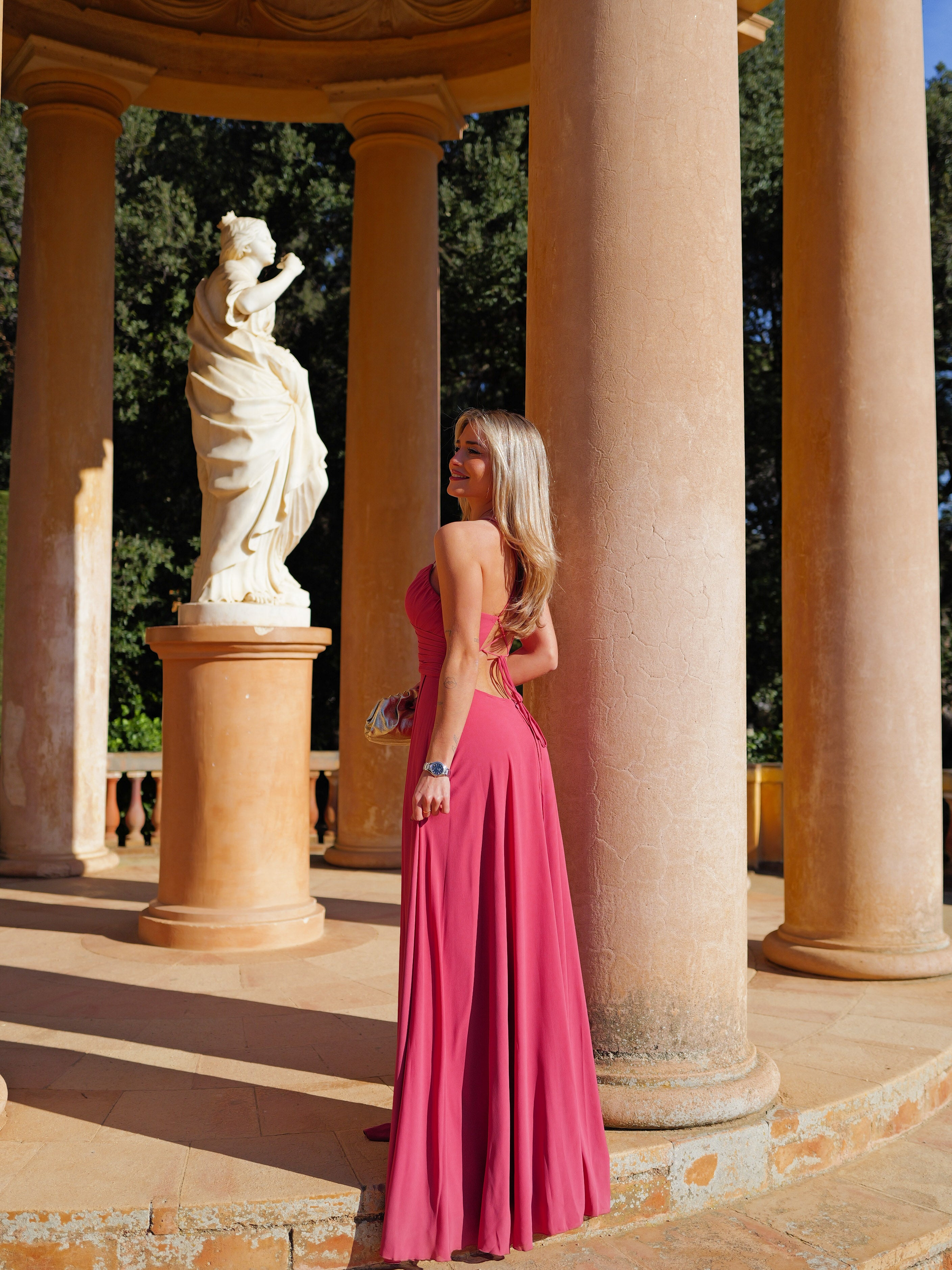 Coral ruffled peak dress