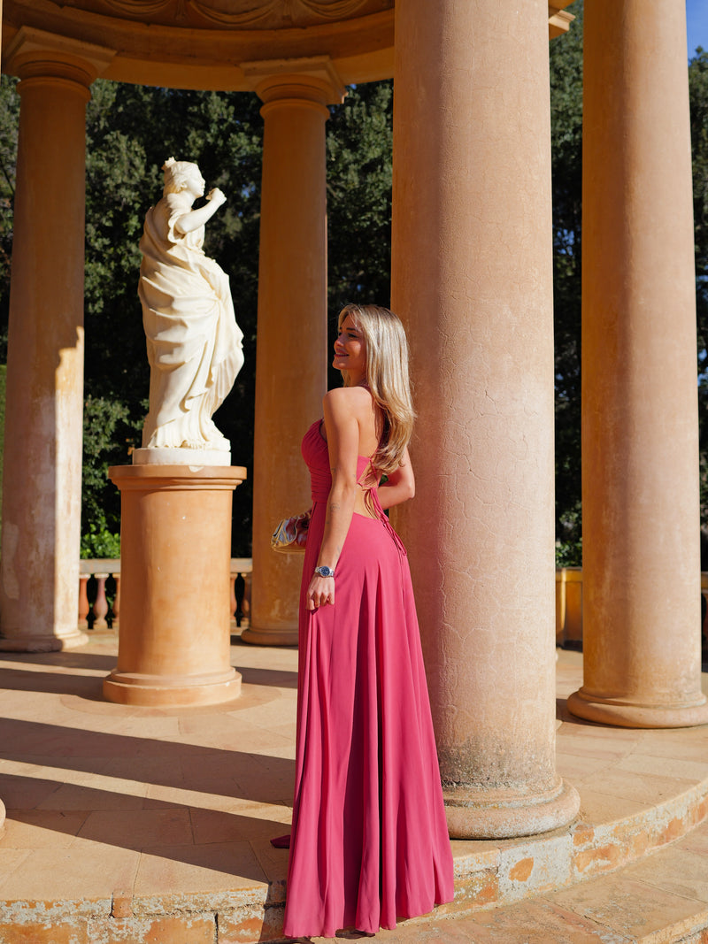 Coral ruffled halter peak dress