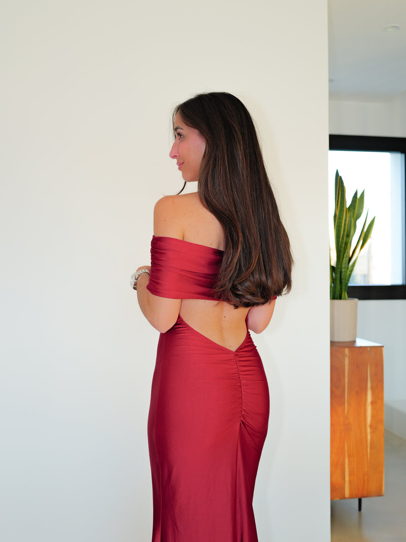 Burgundy satin bardot back dress