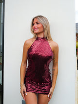 Burgundy glitter halter dress