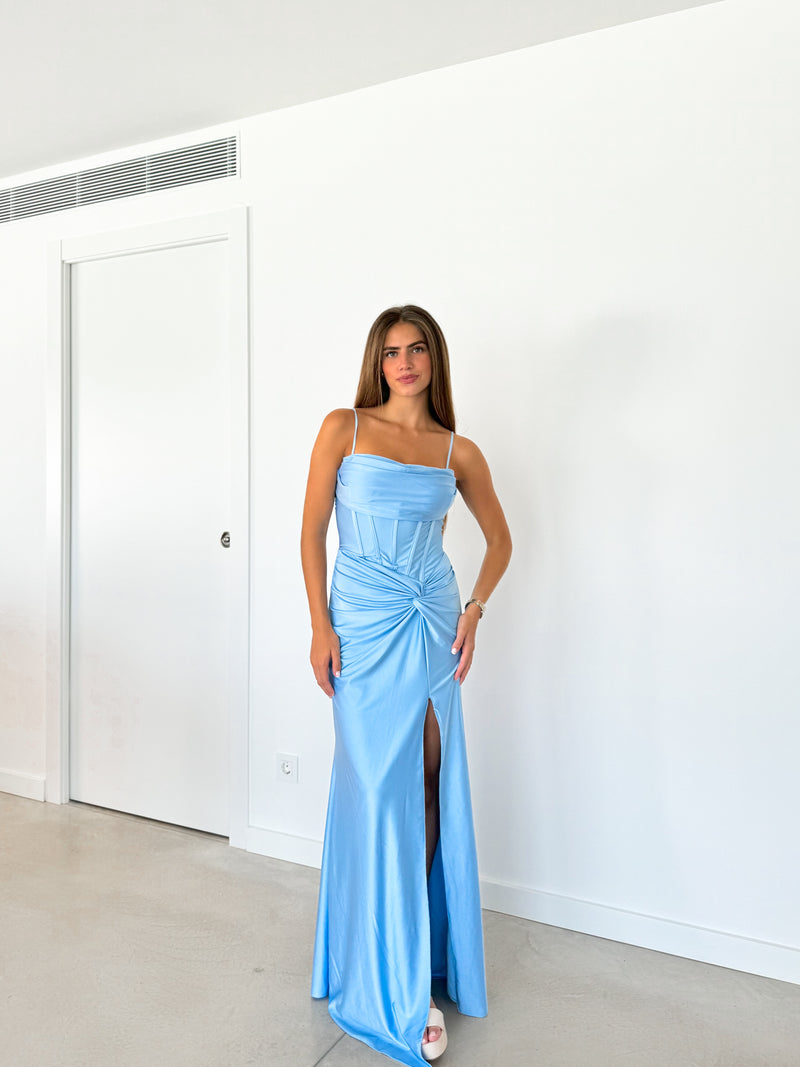 Corset dress satin knot sky blue