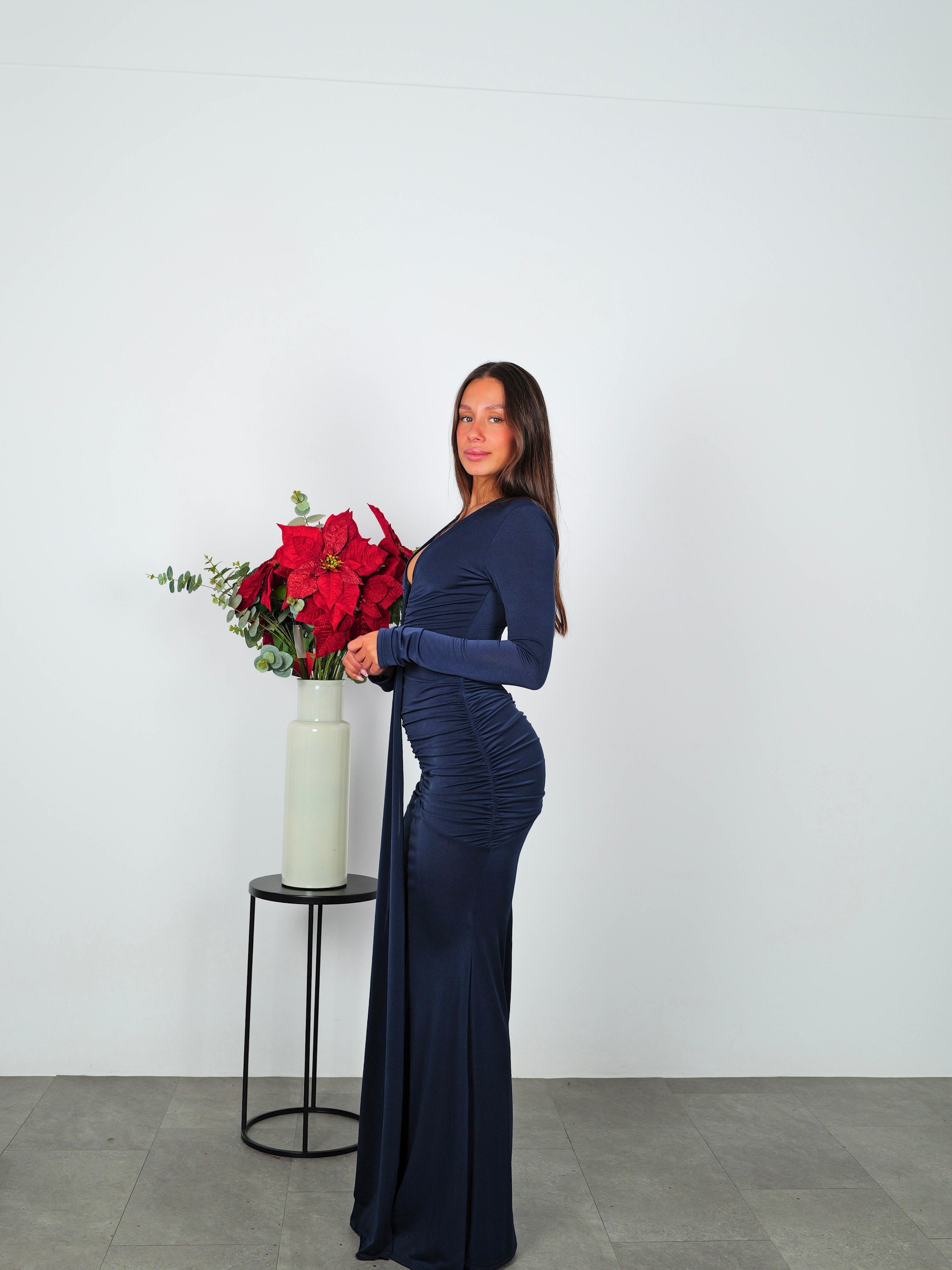 Long sleeve dress with navy band neckline