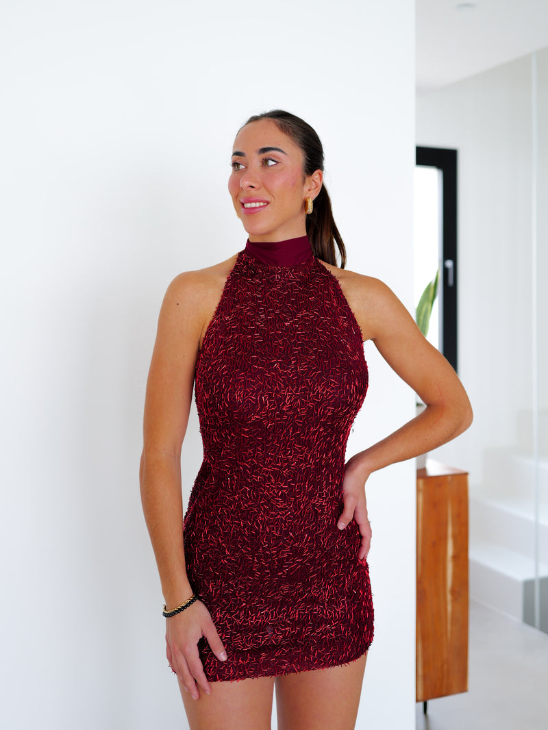 Burgundy halter textured mini dress