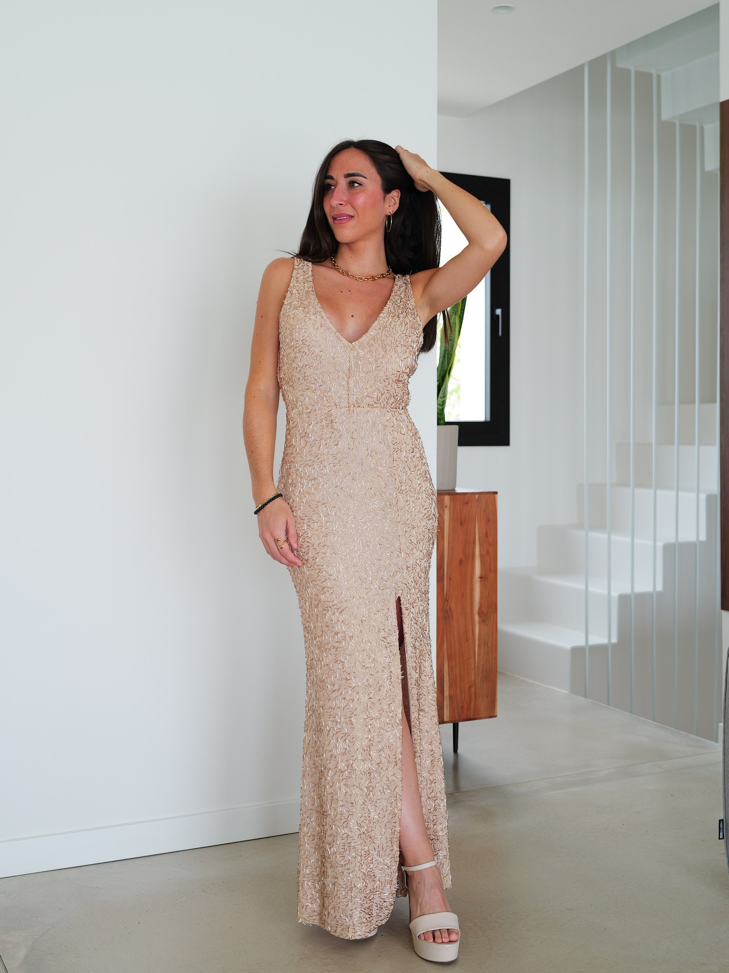 Long dress with beige shiny texture