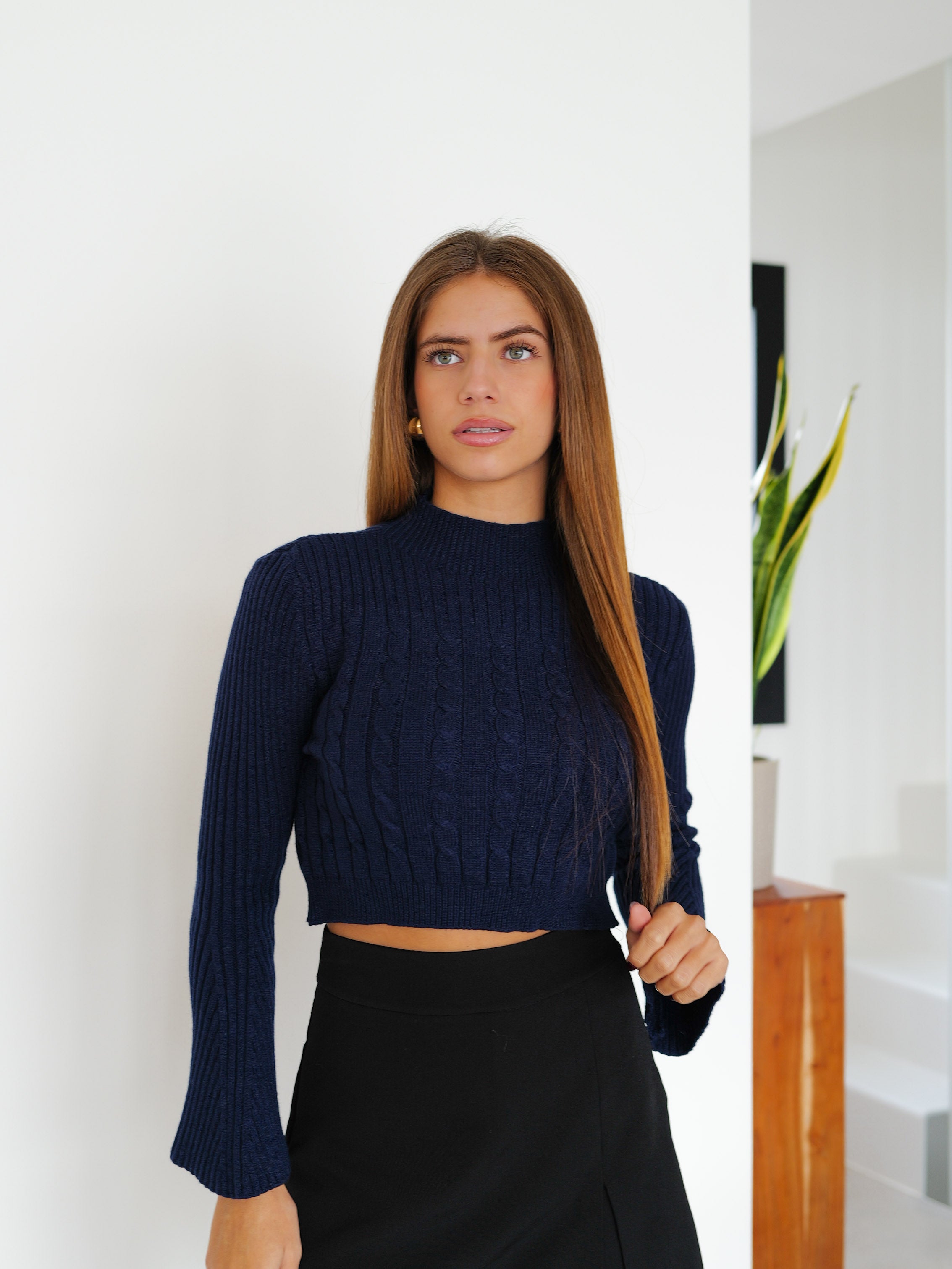 Navy braided sleeve sweater