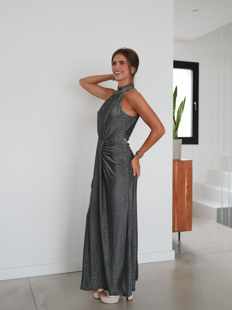 Lurex halter silver oval dress