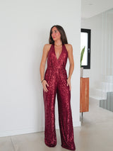 Burgundy bow back glitter jumpsuit