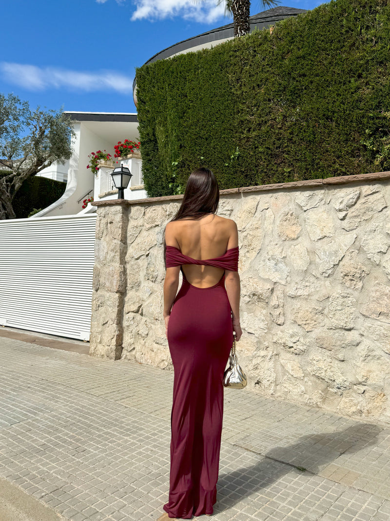 Wine back bardot dress