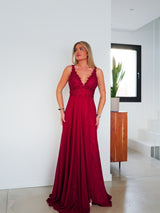 Long dress with burgundy rhinestones V neckline