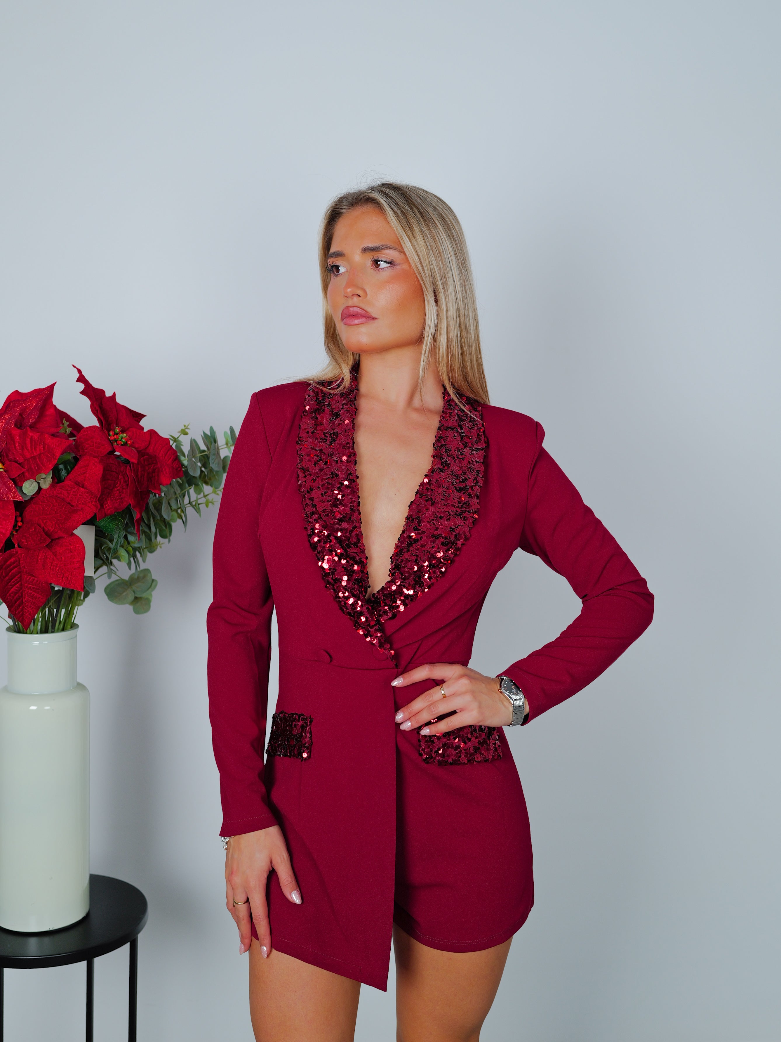 Burgundy glitter lapel Jumpsuit