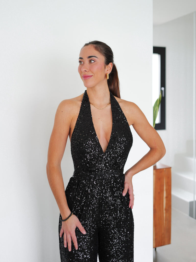 Black bow back glitter jumpsuit