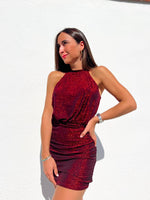 Red lurex halter dress