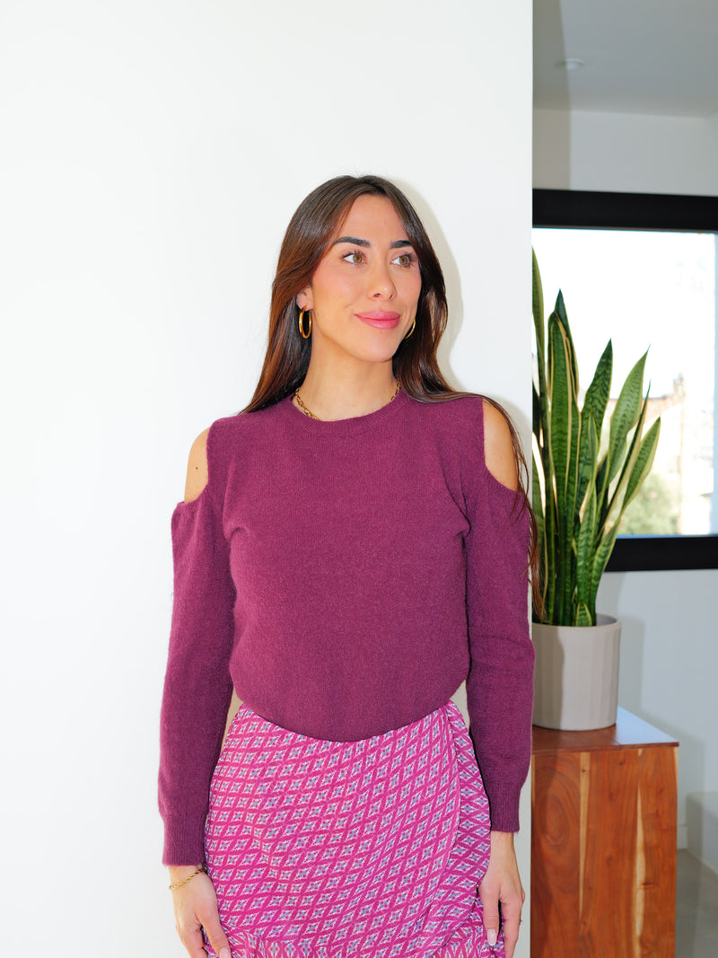 Sweater round neck shoulders eggplant