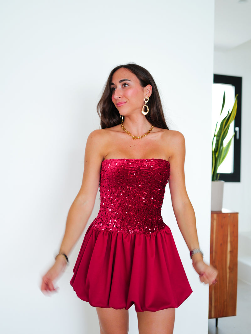 Burgundy glitter mini dress pompous word