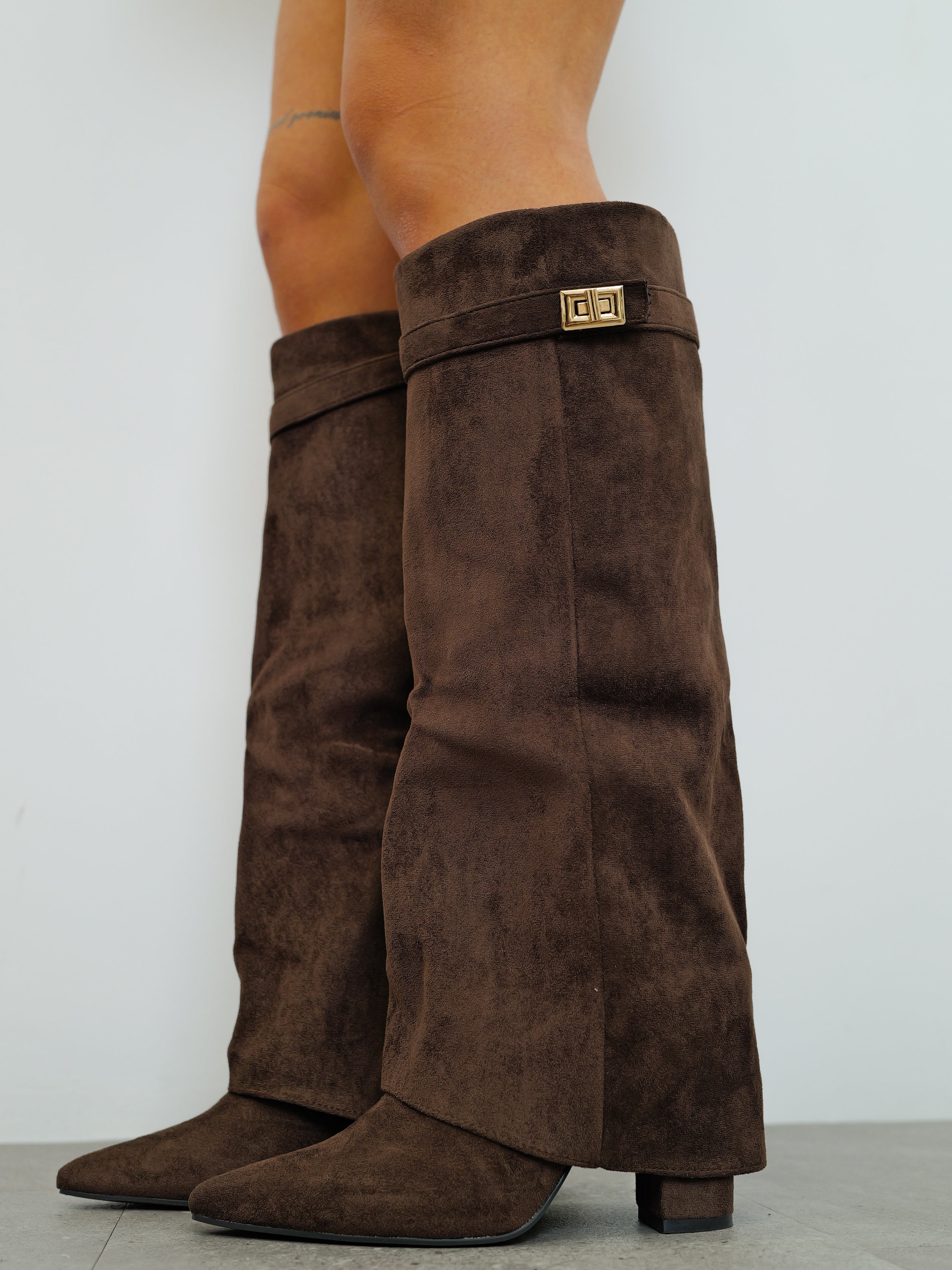 Brown suede detail flap heeled boot