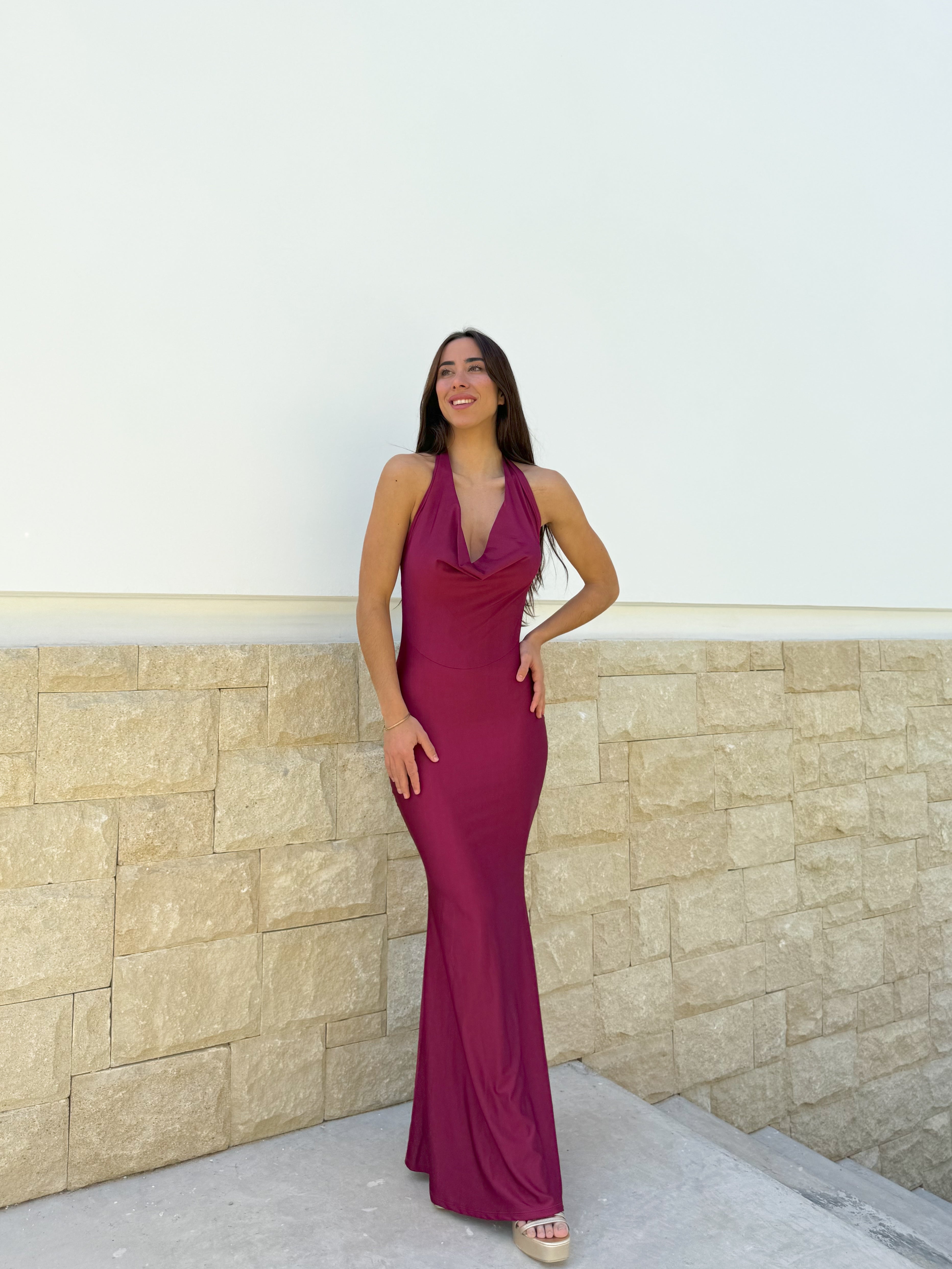 Long burgundy waterfall dress