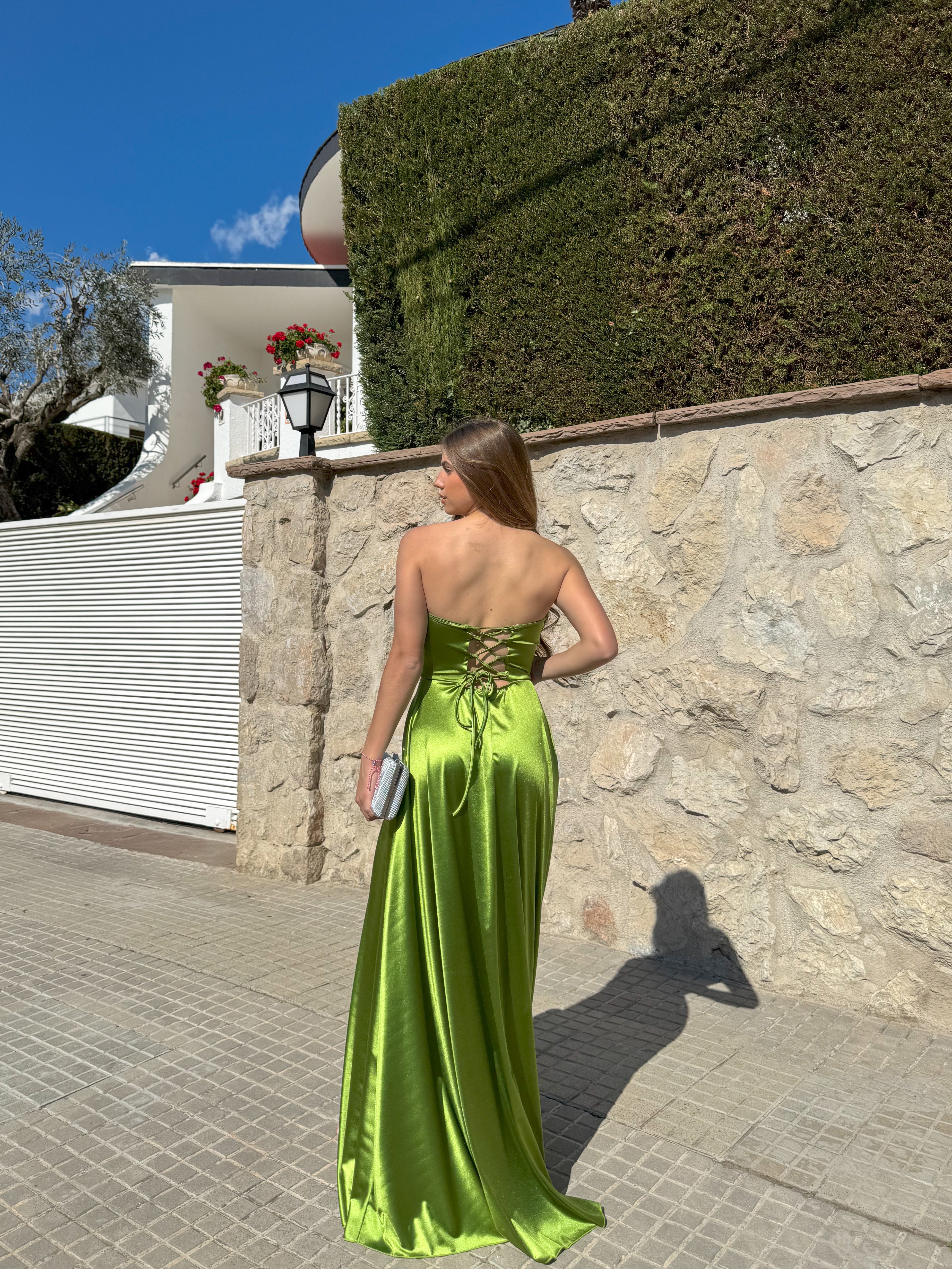 Olive satin strapless dress