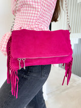 Fuchsia suede fringed chains bag