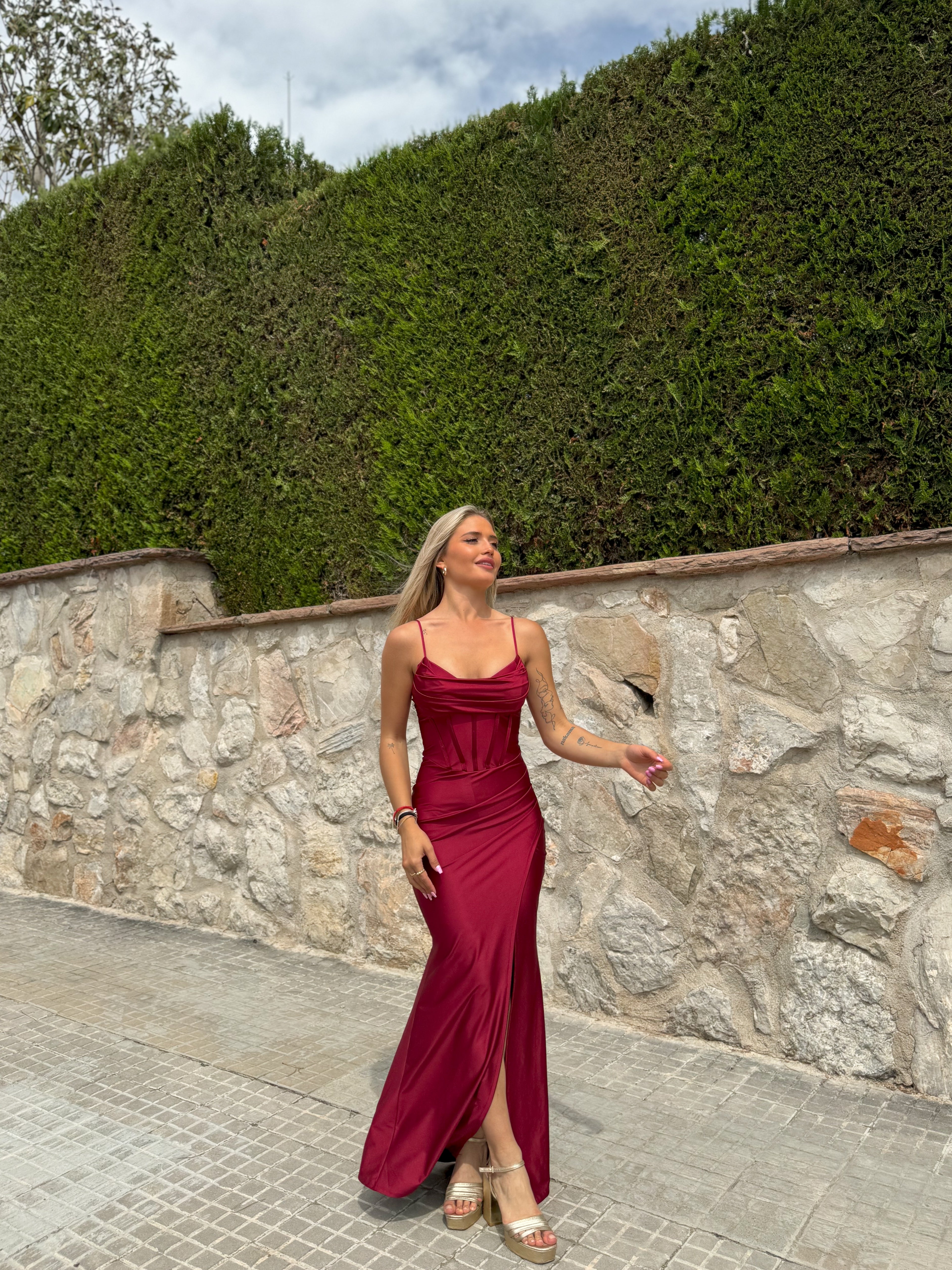 Corset satin long dress burgundy