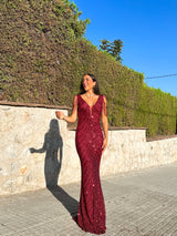 Wine mermaid pearl neckline dress