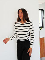 White striped ribbed sleeve sweater