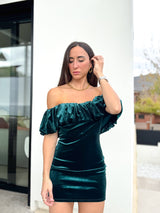 Petrol pompom mini velvet dress