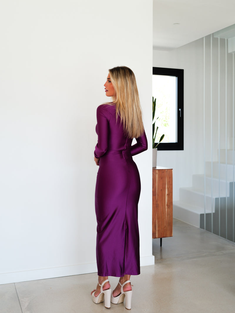 Lilac satin slit dress