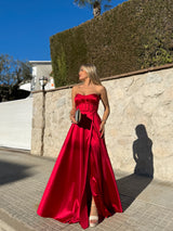 Red satin strapless dress